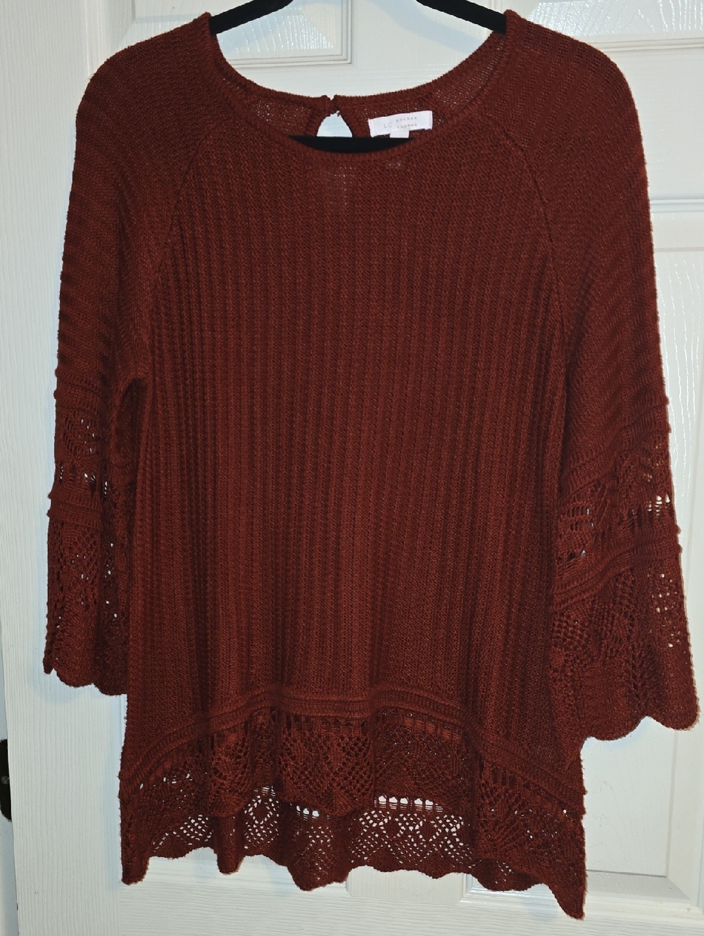 LC Lauren Conrad Scoop Neck Crochet-Hem Sweater - Rust Brown